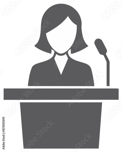 Woman speaking at a podium with microphone icon