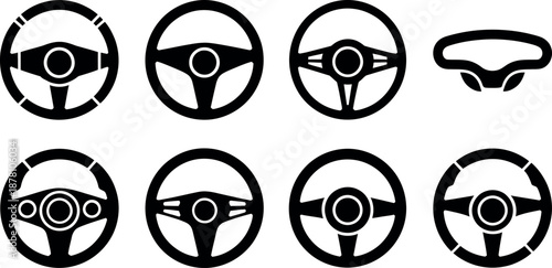Collection of diverse black steering wheel icons and symbols representing different automotive controls and designs for driving vehicles