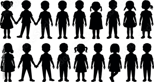 Collection of diverse child silhouettes showing various hairstyles and clothing styles isolated on a clean transparent background for easy integration