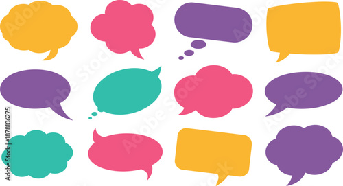 Collection of diverse colorful empty speech bubbles and thought clouds isolated on transparent background for communication concepts