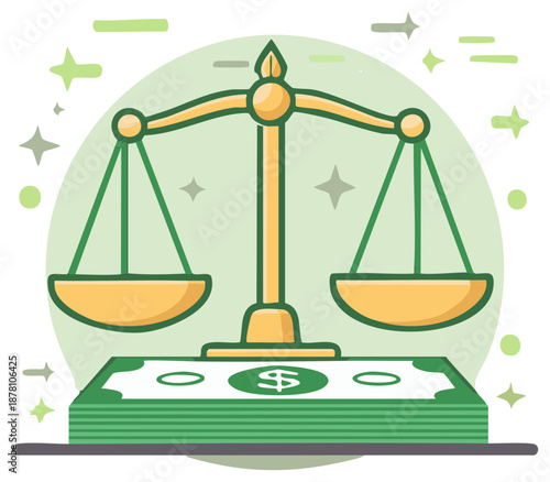 Golden balance scale measuring stacked money bills representing financial justice and economic equilibrium