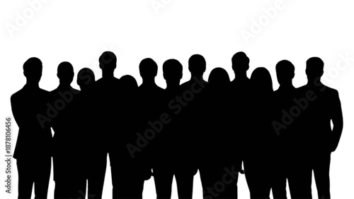 Professional business team silhouettes standing united against a pristine white background