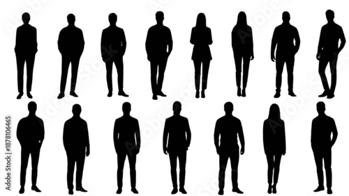 Diverse collection of black human silhouettes representing various men and women standing in different poses
