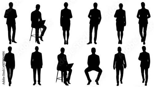 A diverse collection of professional business people silhouettes in various poses and actions