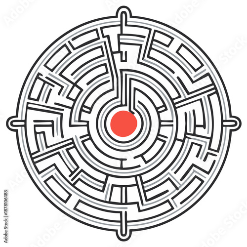 Abstract Round Maze Design with Central Target, Complex Path, Geometric Pattern, Strategic Thinking and Problem Solving Concept
