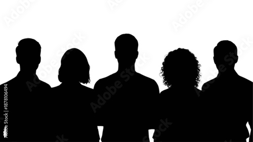 Diverse group of five individuals represented as dark silhouettes against a bright white background