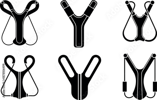 Collection of six distinct black slingshot vector icons arranged in a grid layout isolated on a white background symbolizing hunting and recreation