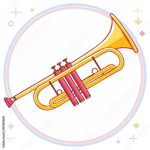 Cartoon musical brass instrument trumpet graphic art with vibrant yellow and pink colors