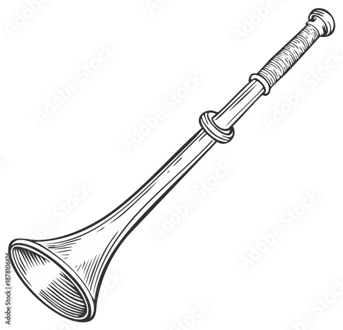 Vintage zurna or medieval horn musical instrument in an engraving line art style