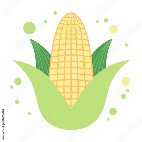 Illustration of a yellow corn cob with green husks and playful dots, suitable for autumn harvest or farming designs