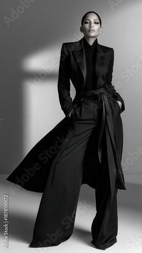 Elegant woman posing confidently in dramatic wide leg black silk trousers and matching tailored blazer jacket showcases high fashion monochromatic style