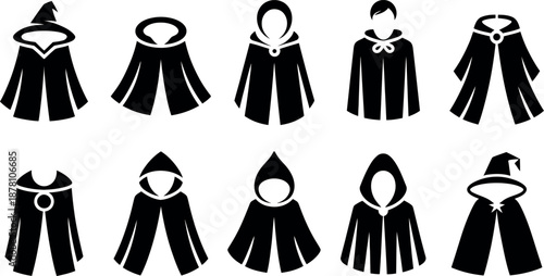 Collection of ten black silhouette icons representing various types of capes and cloaks isolated on transparent background
