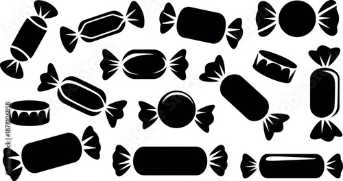 Collection of various black silhouette wrapped candies and bonbons isolated on transparent background for sweet design