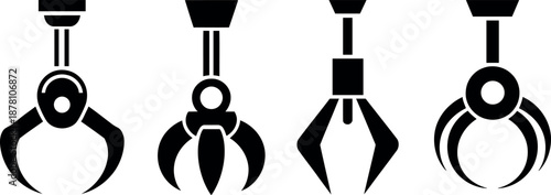 Four different stylized black robot claw gripper icons representing industrial automation and technology isolated on transparent background