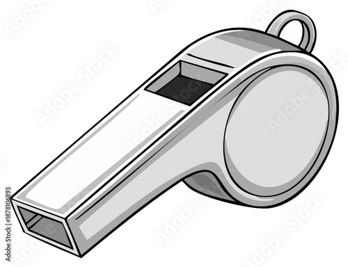 Cartoon illustration of a metallic sports whistle, close up, isolated