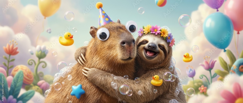 Fototapeta premium Surreal celebration of silliness capybara and sloth enjoying a whimsical party in a colorful garden joyful atmosphere playful view of nature's quirkiness