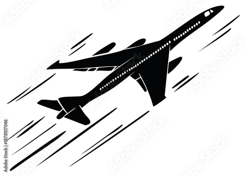 Silhouette illustration of a jet airplane in flight with speed lines