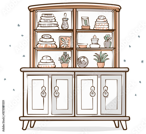 Cartoon Illustration of a Hutch with Household Items and Plants Displayed on Shelves