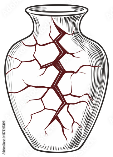 Stylized Broken Vase with Dark Cracks, Cracked Ceramics with Damage, Imperfection and Fragility Concept