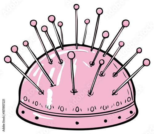 Illustration of a classic pink pincushion bristling with many sewing pins a craft essential
