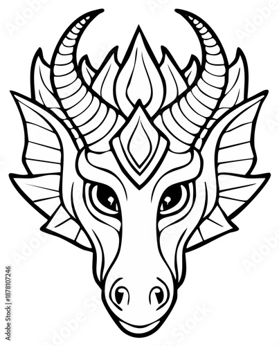 Dragon Head Outline Illustration with Sharp Horns and Scaly Features for Coloring Books