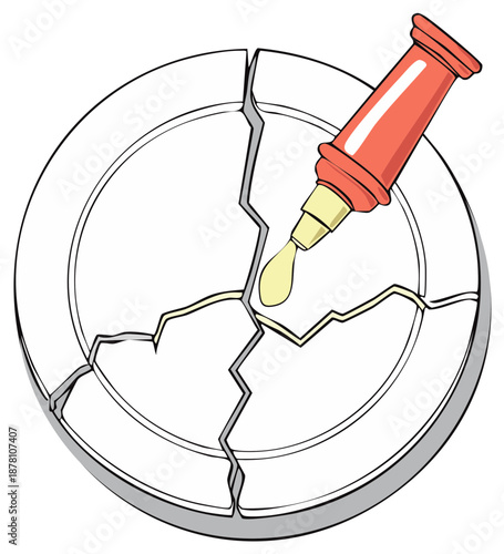 Broken plate with glue being applied concept of repair, restoration, and fixing
