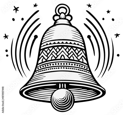 Decorative bell with radiating sound waves and stars illustration