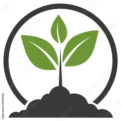 Circle emblem of a green sapling growing from dark soil symbolizing growth and nature