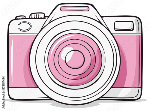 Cute pink photo camera illustration with a large lens, cartoon style.