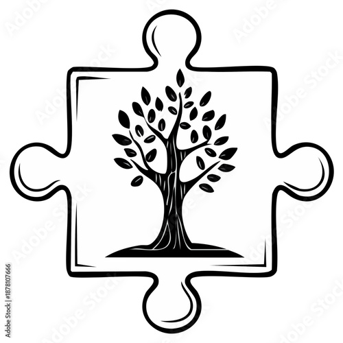 Tree silhouette within a jigsaw puzzle piece illustration