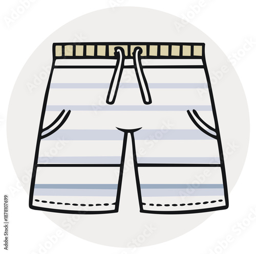 Cartoon illustration of striped shorts with pockets and drawstring