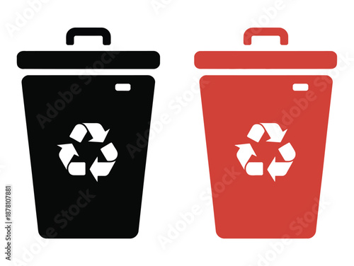 Trash cans vector illustration, one red and one black bin with recycling symbols, representing waste sorting, recycling, and environmental awareness for digital design