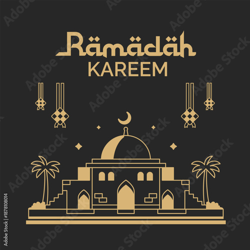 monoline mosque illustration with ramadan kareem theme, bright themed mosque for poster, wallpaper and greeting card