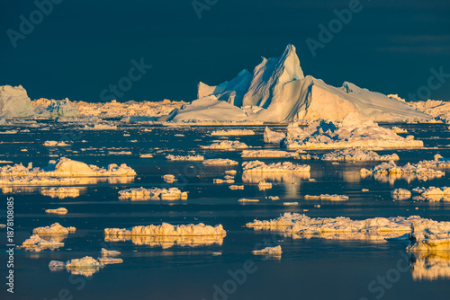 Icebergs float in the fjord of Greenland during daylight with the sun reflecting off the icy surfaces and water