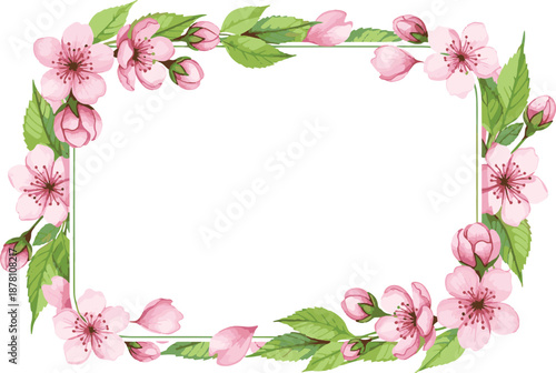 Elegant Watercolor Pink Cherry Blossom Flower Frame with Green Leaves