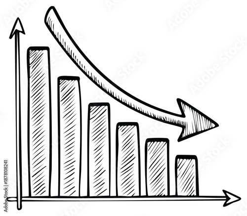 Hand Drawn Business Chart Showing Downward Trend with Decreasing Columns and Arrow Indicating Loss and Decline