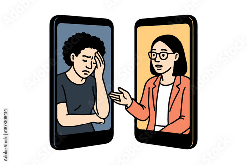 Illustration of a virtual therapy session, one person comforting another via smartphone screens, flat style, white background, concept of mental support