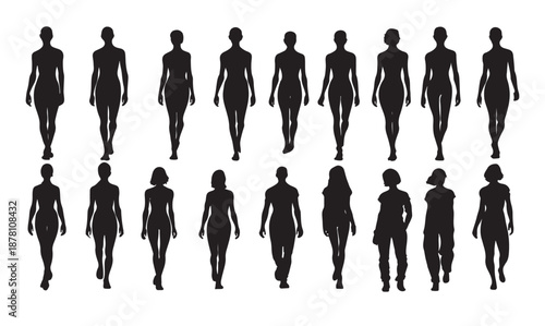 Set of standing female silhouettes: Front view of human body figures isolated on white