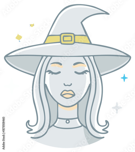 Stylized portrait of a serene woman wearing a pointed witch hat with a yellow band and choker necklace.