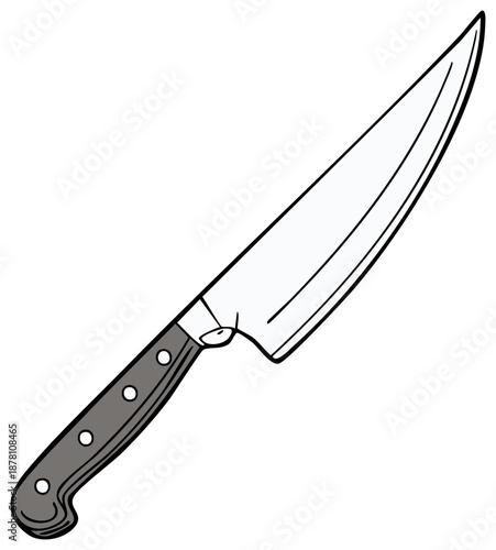 Chef's knife illustration isolated on white, with blade and handle details