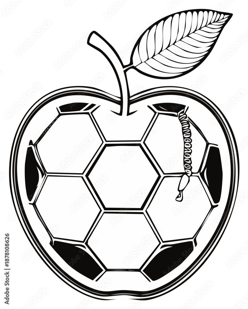Obraz premium Apple football ball drawing graphic illustration hex outline black and white design