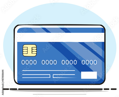 Credit card illustration shows modern blue card for cashless payments and financial purchases