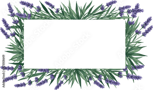 Elegant Watercolor Lavender Flower and Green Leaf Rectangular Frame Border Design
