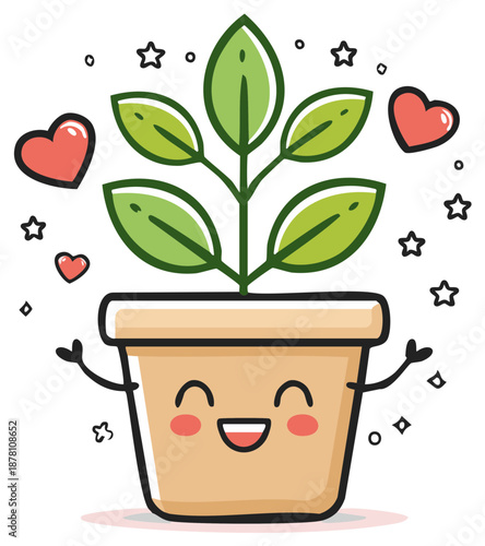 Cute Plant Pot Character Smiling With Hearts and Stars Illustration