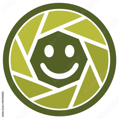 Green shutter lens with smiling face design.  Abstract logo with smiley.