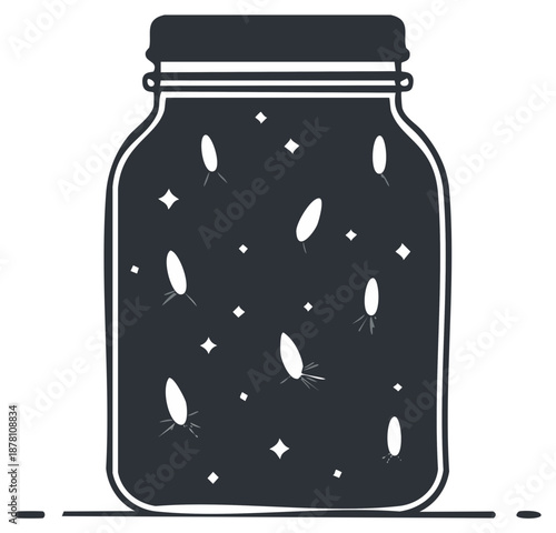 Capturing Summer Magic Jar Filled with Glowing Fireflies and Stars Illustration