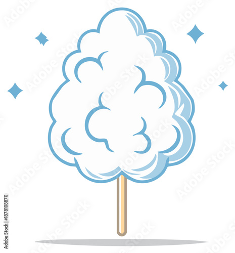 Whimsical blue outlined fluffy white candy cotton on a stick with sparkling stars