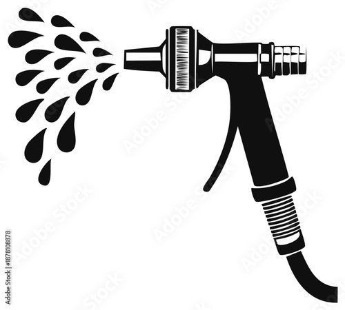 Garden hose spray nozzle watering with a stream of water. Black and white vector icon illustration.