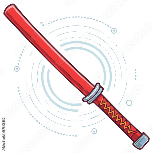 Cartoon vector illustration of a red Japanese samurai or ninja sword with a futuristic energy aura