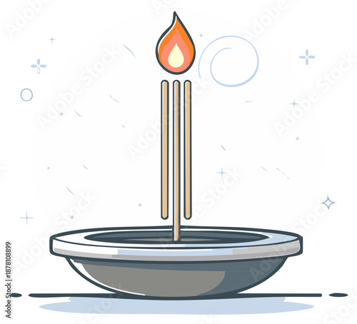 Incense sticks burning in a ceramic bowl, flame illustration